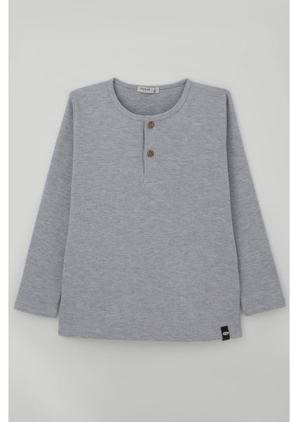 Erkek Çocuk Uzun Kollu Tişört Düğme Detaylı 4-8 Yaş, Açık Gri Melanj