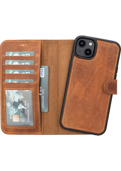 Apple iPhone 14 Plus Uyumlu Deri Cüzdanlı Kılıf Mwwn G19 Taba