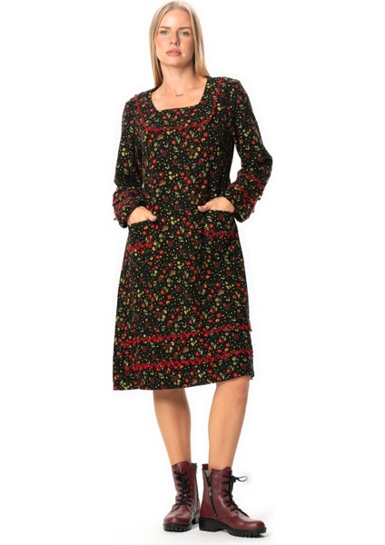 Uzun Kol Firdevs Kare Yaka Cep Detaylı Kısa Kışlık Pazen Elbise Çiçek Desen Siyah Syh