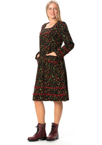 Uzun Kol Firdevs Kare Yaka Cep Detaylı Kısa Kışlık Pazen Elbise Çiçek Desen Siyah Syh fırsatları