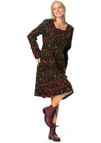 Uzun Kol Firdevs Kare Yaka Cep Detaylı Kısa Kışlık Pazen Elbise Çiçek Desen Siyah Syh indirimleri