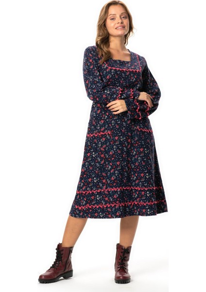 Uzun Kol Firdevs Kare Yaka Cep Detaylı Kısa Kışlık Pazen Elbise Çiçek Desen Lacivert Lcvt