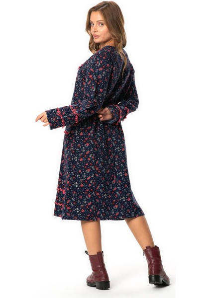 Uzun Kol Firdevs Kare Yaka Cep Detaylı Kısa Kışlık Pazen Elbise Çiçek Desen Lacivert Lcvt fiyatları