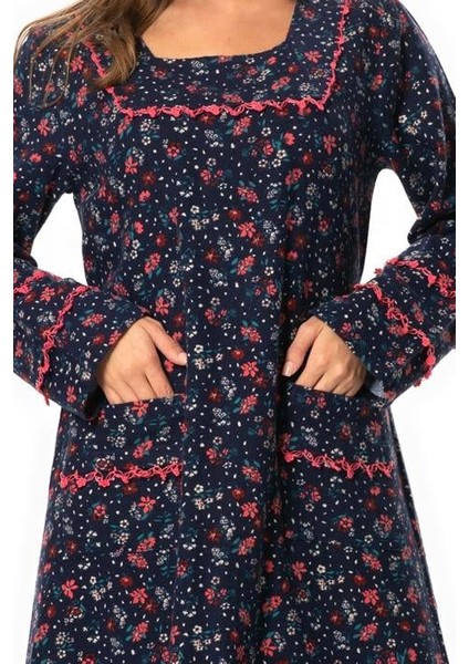 Uzun Kol Firdevs Kare Yaka Cep Detaylı Kısa Kışlık Pazen Elbise Çiçek Desen Lacivert Lcvt modelleri