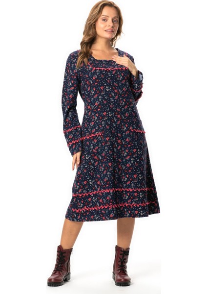 Uzun Kol Firdevs Kare Yaka Cep Detaylı Kısa Kışlık Pazen Elbise Çiçek Desen Lacivert Lcvt fırsatları