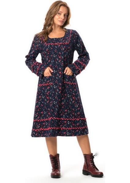 Uzun Kol Firdevs Kare Yaka Cep Detaylı Kısa Kışlık Pazen Elbise Çiçek Desen Lacivert Lcvt indirimleri