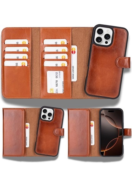 Apple iPhone 16 Pro Uyumlu, Hakiki Deri, El Yapımı, Cüzdanlı Kılıf, Gölgeli Taba