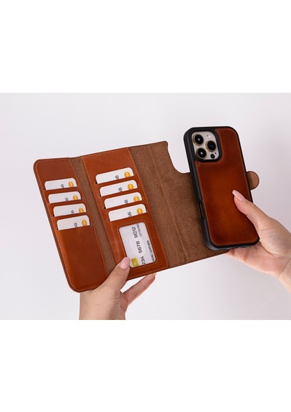 Apple iPhone 16 Pro Uyumlu, Hakiki Deri, El Yapımı, Cüzdanlı Kılıf, Gölgeli Taba fiyatları