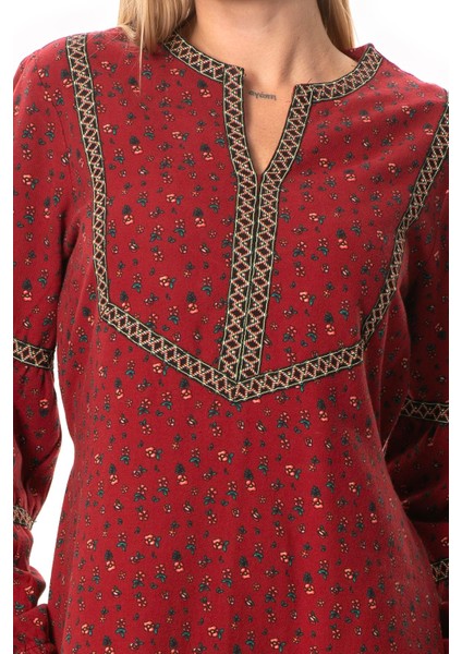 Uzun Kol Nurperi Pazen V Yaka Desenli Kışlık Midi Boy Elbise Bordo Brd modelleri