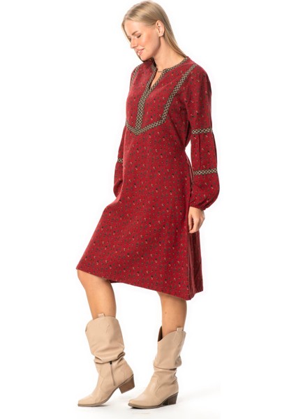 Uzun Kol Nurperi Pazen V Yaka Desenli Kışlık Midi Boy Elbise Bordo Brd fırsatları