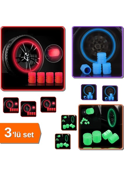 Fosforlu Sibop Kapağı 3’lü Set Kırmızı Mavi Yeşil Araba ve Bisiklet Lastik Kapak X7K9P2