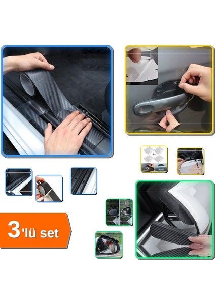 Araba Kapı Kolu Koruyucu Film 4lü Set ve Karbon Fiber Bant & Ayna Yağmur Siper K9W2LM