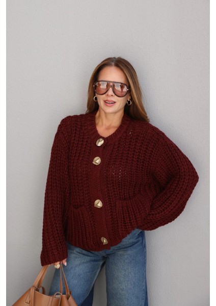 Bordo Gold Düğme Detay Örgü Hırka