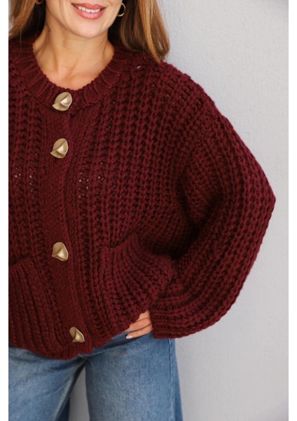 Bordo Gold Düğme Detay Örgü Hırka fiyatları