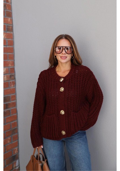 Bordo Gold Düğme Detay Örgü Hırka modelleri