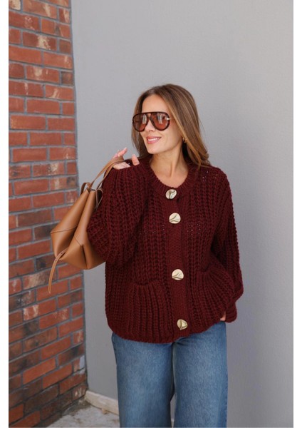 Bordo Gold Düğme Detay Örgü Hırka fırsatları
