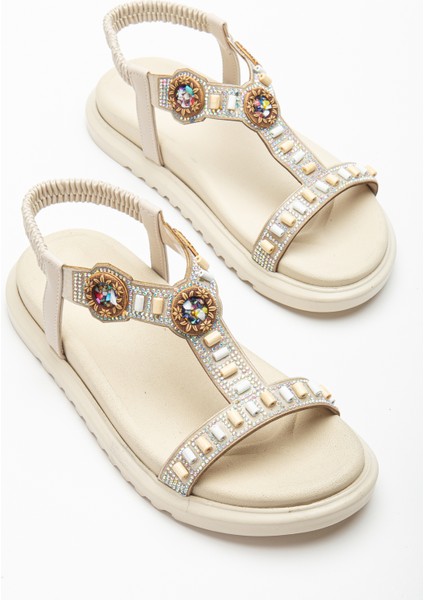 Kadın Bej Arkası Lastikli Taş Işlemeli Sandalet