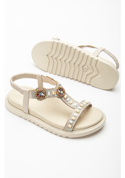 Kadın Bej Arkası Lastikli Taş Işlemeli Sandalet fiyatları