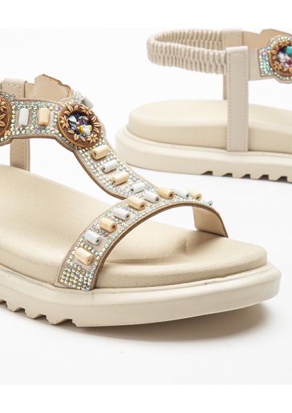 Kadın Bej Arkası Lastikli Taş Işlemeli Sandalet modelleri
