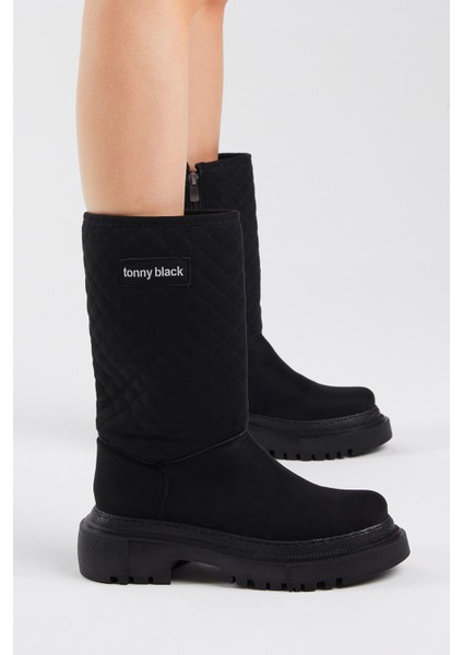 Kadın Siyah Kapitone Desenli Rahat Kalıp Uzun Bot modelleri