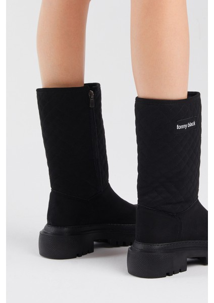 Kadın Siyah Kapitone Desenli Rahat Kalıp Uzun Bot