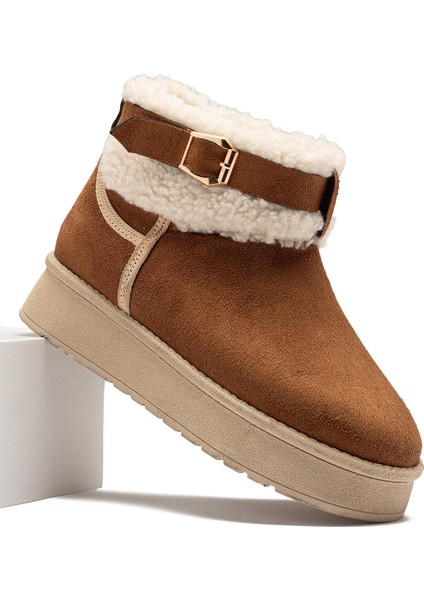 Kadın Taba Süet Bot Içi Kürklü Kemerli Bilekte Kısa Topuklu Taban Kışlık Bot