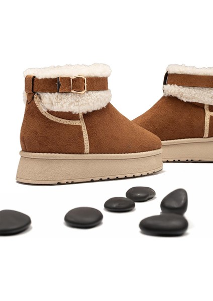 Kadın Taba Süet Bot Içi Kürklü Kemerli Bilekte Kısa Topuklu Taban Kışlık Bot