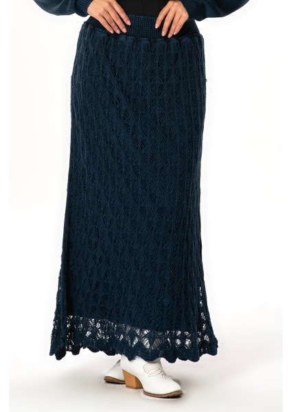 Beli Lastikli Elvan Sonbahar ve Kışlık Uzun Örgü Triko Etek Lacivert Lcvt
