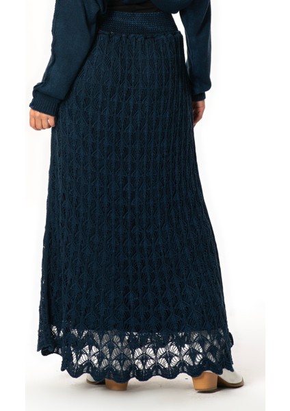 Beli Lastikli Elvan Sonbahar ve Kışlık Uzun Örgü Triko Etek Lacivert Lcvt fiyatları