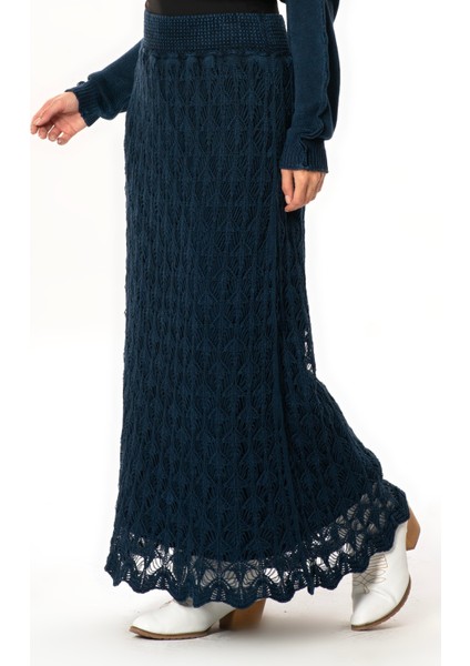 Beli Lastikli Elvan Sonbahar ve Kışlık Uzun Örgü Triko Etek Lacivert Lcvt indirimleri