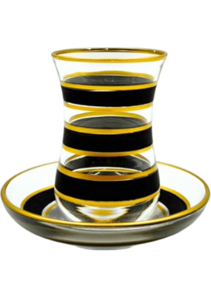 3 Şerit Detaylı 6 Kişilik Çay Bardağı Seti Siyah
