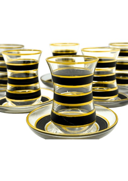 3 Şerit Detaylı 6 Kişilik Çay Bardağı Seti Siyah fiyatları