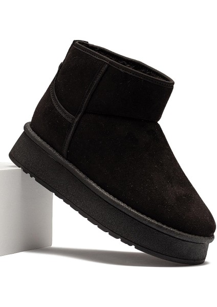 Kadın Siyah Süet Bot Içi Kürklü Bilekte Kısa Topuklu Taban Kışlık Bot