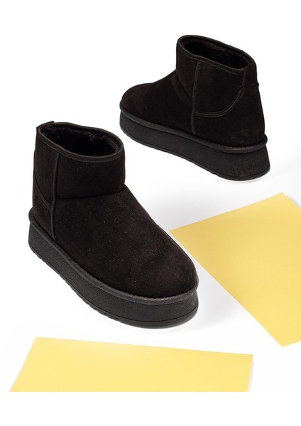 Kadın Siyah Süet Bot Içi Kürklü Bilekte Kısa Topuklu Taban Kışlık Bot