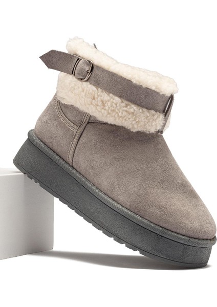 Kadın Gri Süet Bot Içi Kürklü Kemerli Bilekte Kısa Topuklu Taban Kışlık Bot