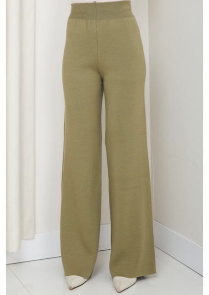 Kadın Rahat Kalıp Geniş Paça Beli Lastikli Triko Pantolon modelleri