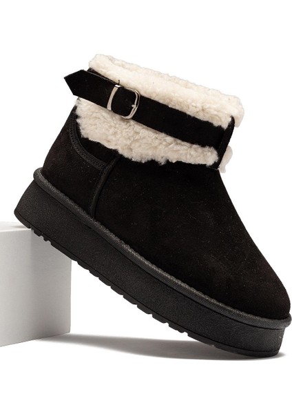 Kadın Siyah Süet Bot Içi Kürklü Kemerli Bilekte Kısa Topuklu Taban Kışlık Bot