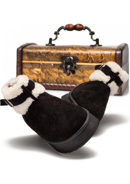 Kadın Siyah Süet Bot Içi Kürklü Kemerli Bilekte Kısa Topuklu Taban Kışlık Bot