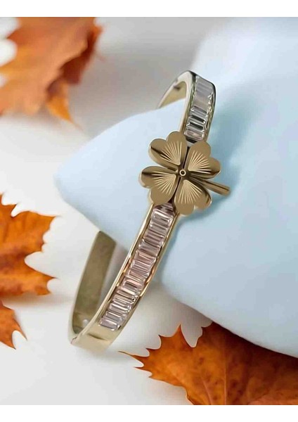 Gold Suyolu Taşlı Yonca Model Çelik Kelepçe Bileklik fiyatları