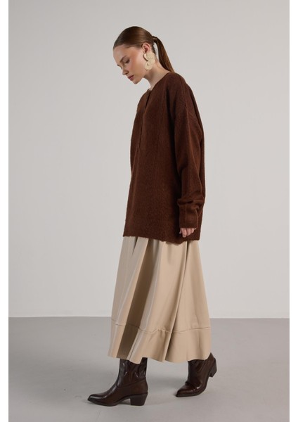 Kadın Kahve Düğme Detaylı Oversize Yumoş Kazak 30031 fiyatları