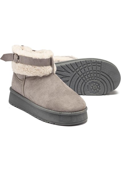 Kadın Gri Süet Bot Içi Kürklü Kemerli Bilekte Kısa Topuklu Taban Kışlık Bot indirimleri