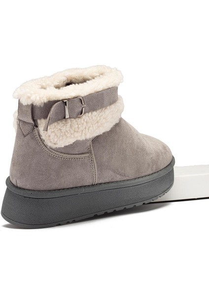 Kadın Gri Süet Bot Içi Kürklü Kemerli Bilekte Kısa Topuklu Taban Kışlık Bot