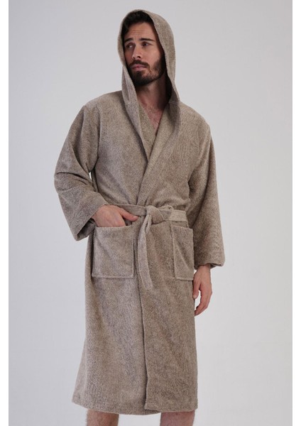 Erkek Kapüşonlu Koyu Bej Renk Bornoz – Havlu Dokulu, Cepli, Kuşaklı C6T6N7161