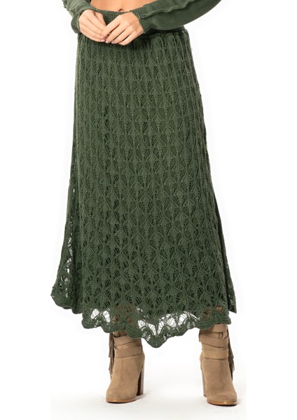 Beli Lastikli Elvan Sonbahar ve Kışlık Uzun Örgü Triko Etek Haki Hk