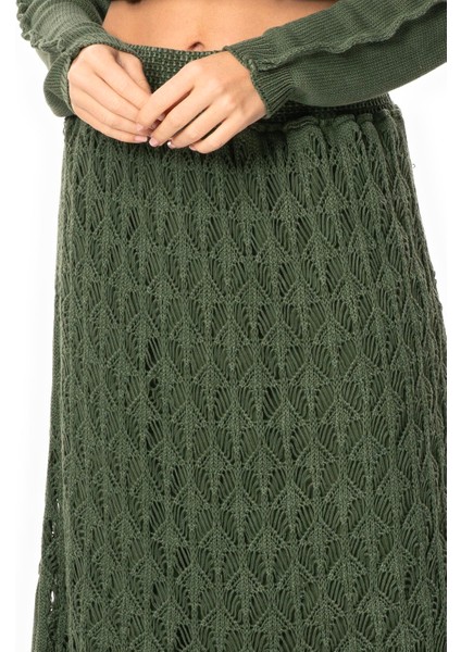 Beli Lastikli Elvan Sonbahar ve Kışlık Uzun Örgü Triko Etek Haki Hk modelleri