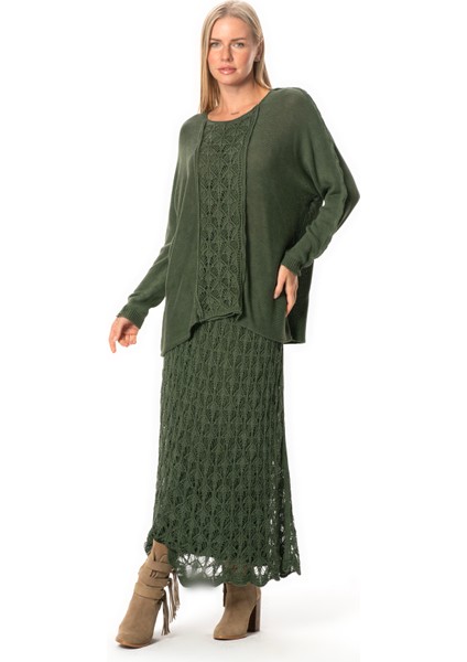 Beli Lastikli Elvan Sonbahar ve Kışlık Uzun Örgü Triko Etek Haki Hk fırsatları