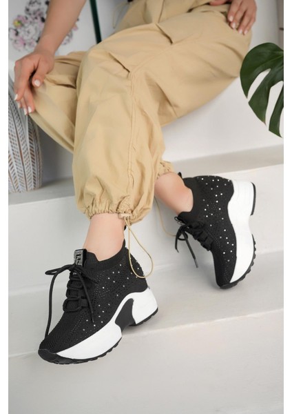 Kadın Gizli Topuk Taşlı Rahat Kalıp Bağcıklı Triko Spor Ayakkabı