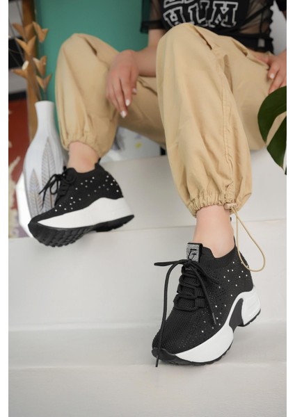 Kadın Gizli Topuk Taşlı Rahat Kalıp Bağcıklı Triko Spor Ayakkabı modelleri