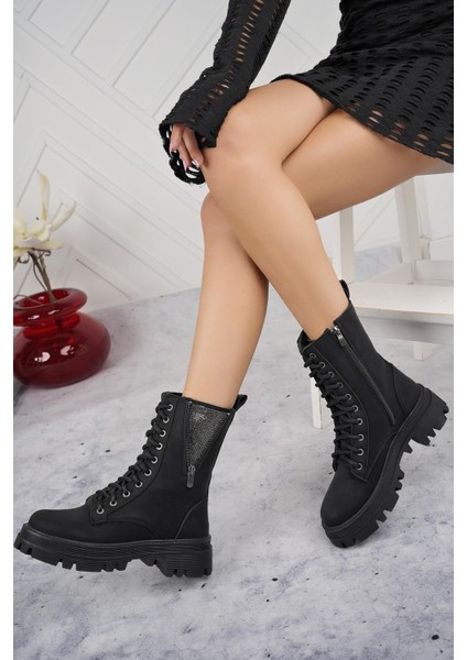 Kadın Taş Fermuar Detaylı Fermuarlı Kaymaz Taban Postal Bot