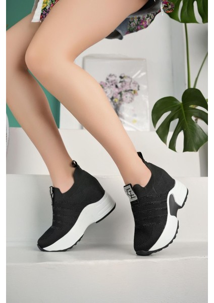 Kadın Gizli Topuk Taşlı Rahat Kalıp Triko Bağcıklı Spor Ayakkabı